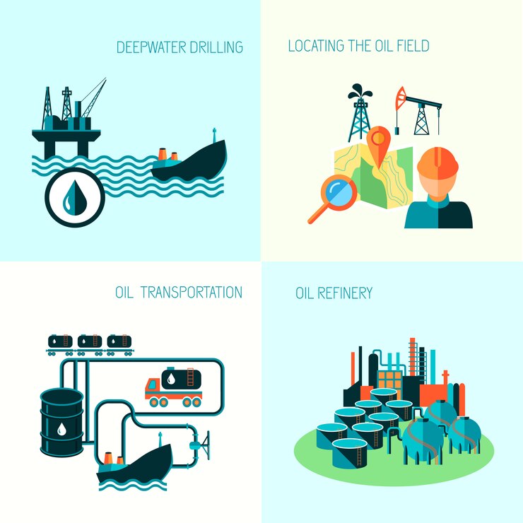 Vector oil industry business concept of gasoline diesel production fuel distribution and transportation four elements composition vector illustration