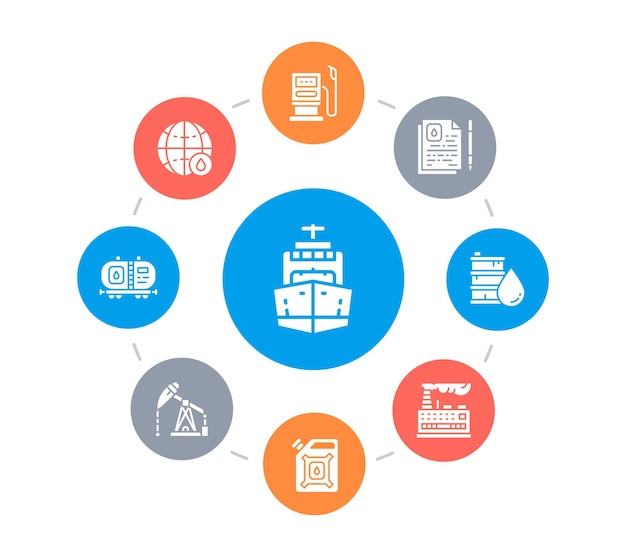 Oil industry circle illustration with icons fuel truck engineer gasoline cargo vector concept design