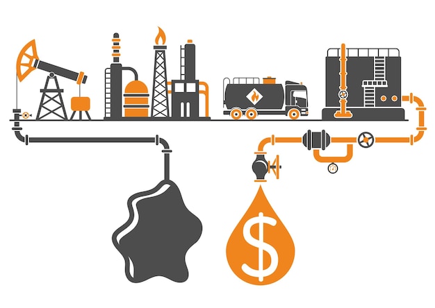 Vector oil industry concept with two color flat icons extraction production refinery and transportation