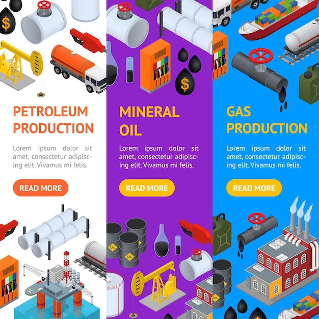 Set vecrtical banner per industria petrolifera e risorse energetiche per web e app. illustrazione vettoriale