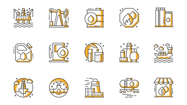 Oil industry icons set in outline stroke design for web Pack line pictograms with platform barrel fuel storage canister gas station chemical analysis power plant other Vector illustration