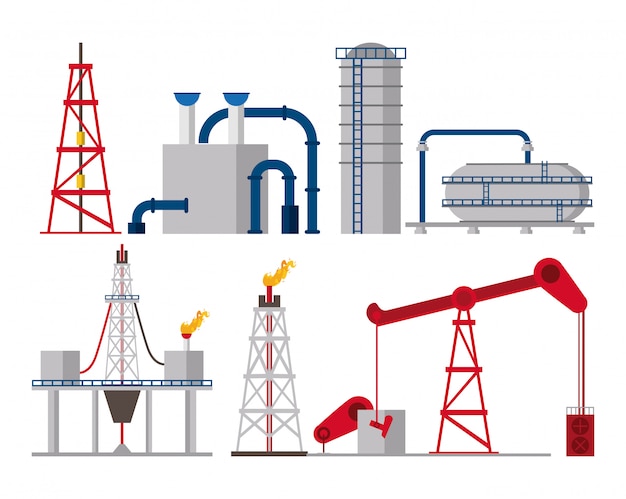 Vettore set di icone dell'industria petrolifera