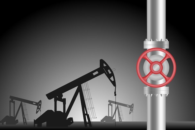 Oil industry vector illustration. Oil valve with a turn, oil is pumped in the background.