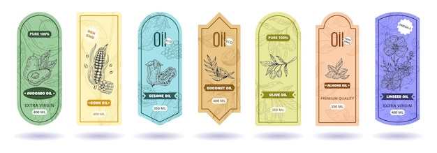 oil label design flaxseed packaging peanut protein corn and avocado logo decorative sketch badge sesame and sunflower seeds advertising sticker template vector tidy prints set