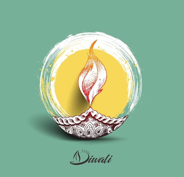 Oil lamp - diya, diwali festival, hand drawn sketch vector illustration.