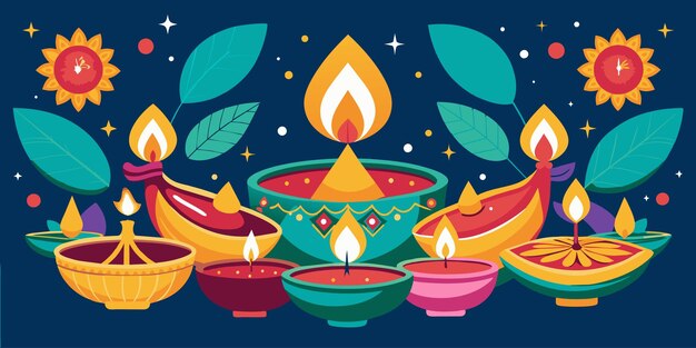 Vector oil lamps for diwali celebration creating a warm festive atmosphere against a dark blue background