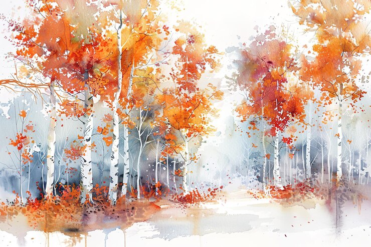 Vector oil painting landscape colorful autumn trees semi abstract paintings image of forest aspen tree w