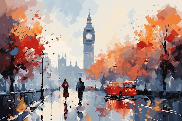 Oil Painting rain in London Gentle city landscape Big Ben England modern art and vector