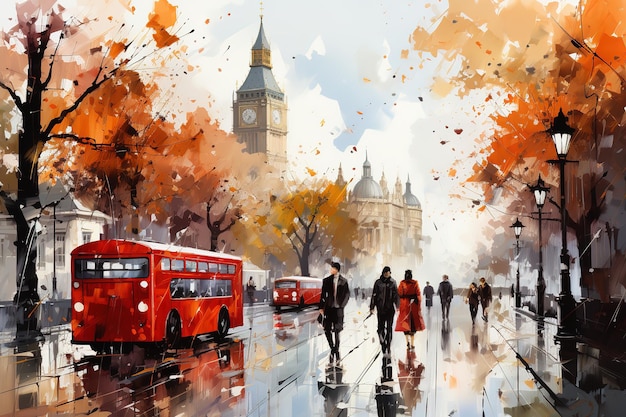 Oil Painting rain in London Gentle city landscape Big Ben England modern art