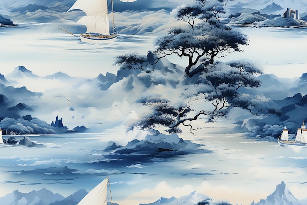 Масляная картина Парусная лодка в море и птица Цветные цветы Гора на заднем плане