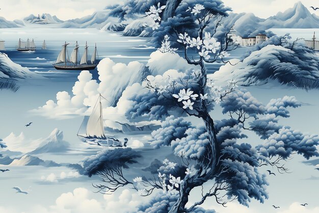 Oil Painting Sailing Boat in sea and a bird Colorful flowers Mountain in background