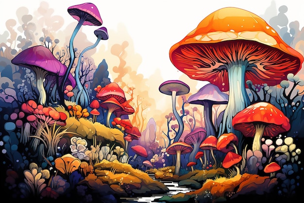 oil painting Surreal fantasy land with large forest full of all sizes mushrooms