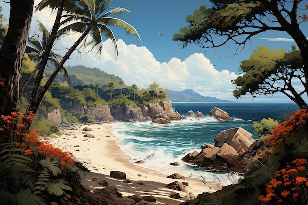 Dipinto ad olio della spiaggia tropicale dell'isola paradisiaca