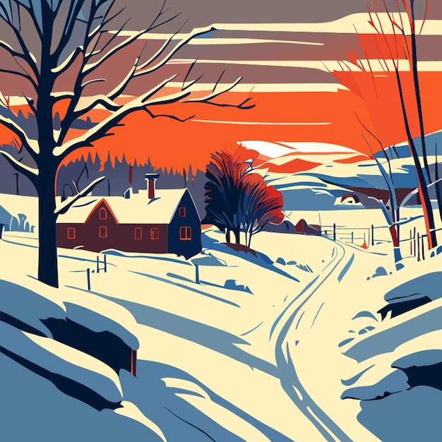 Vettore dipinti a olio paesaggio rurale inverno vecchio villaggio illustrazione vettoriale piatto 2