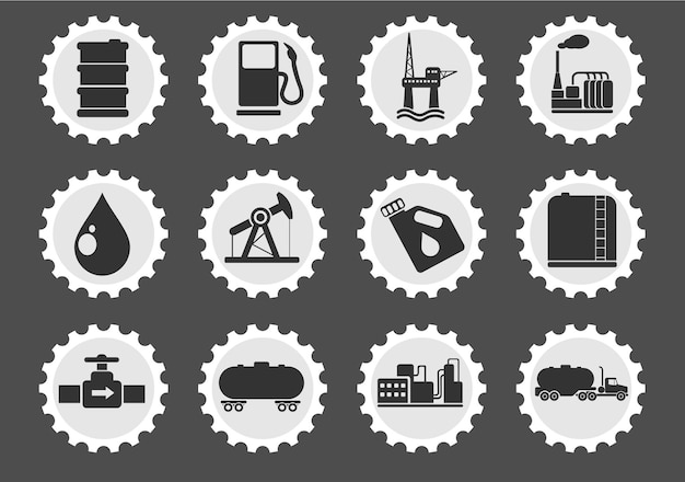 Oil and petrol industry objects icons on stylized round postage stamps