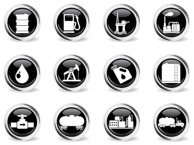 Oil and petrol industry objects symbol on round black button with metal ring