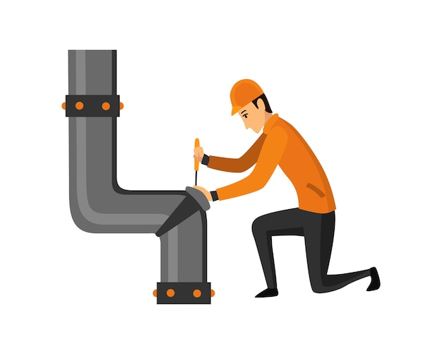 Vettore industria petrolifera. ingegnere o petroliere nel processo di lavoro professionale isolato. riparare l'estrazione o il trasporto di olio e benzina sull'icona piatta del fumetto. illustrazione vettoriale isolato.