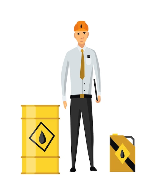 Vector oil petroleum industry. engineer or oilman with canister and barrel. man represents product on flat cartoon icon. isolated vector illustration.