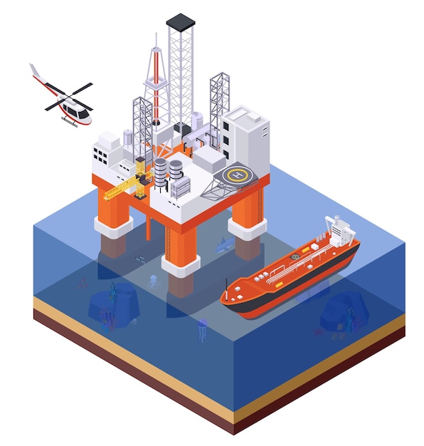 Vector oil petroleum industry isometric composition with view of offshore structure platform