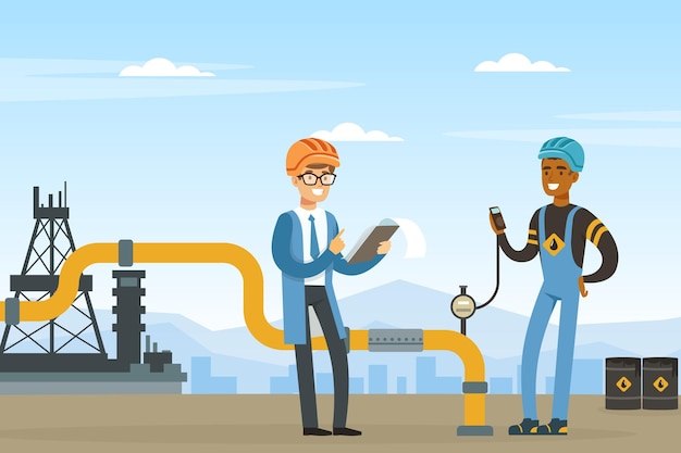 Нефтяная или нефтяная промышленность с человеком в синей форме, работающим с трубопроводной векторной иллюстрацией