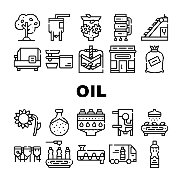 Vector oil production plant collection icons set vector olive tree and oil bottle elevator and crusher brazier and sorting line press and refiner black contour illustrations