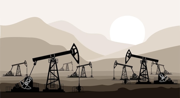 Pompe dell'olio e impianti di perforazione sul campo durante il tramonto. illustrazione vettoriale