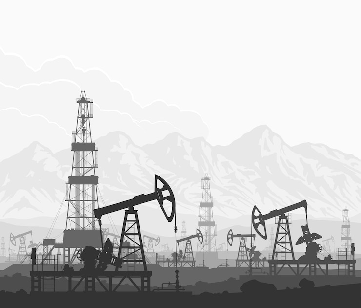Vector oil pumps and drilling rigs at large oilfield over huge mountain range. detail vector black and white illustration.