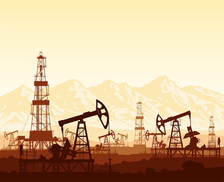 Vector oil pumps and drilling rigs silhouettes at large oilfield on huge mountain range at sunset.