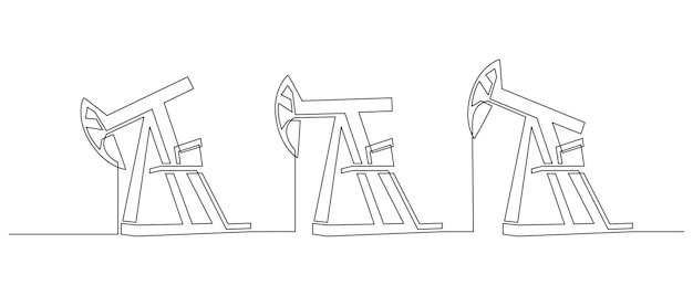 Oil pumps jacks platforms of One continuous line drawing Drilling rigs petroleum production and trade industry in simple linear style Nonrenewable energy concept Stroke Vector illustration