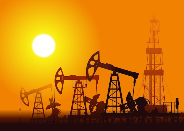 Vector oil pumps and rig over sunset illustration