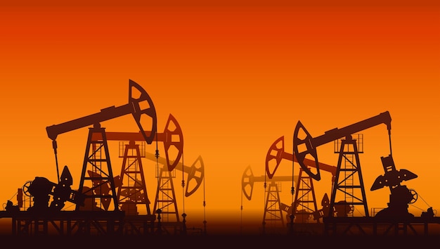 Oil pumps over sunset. Detail vector illustration.