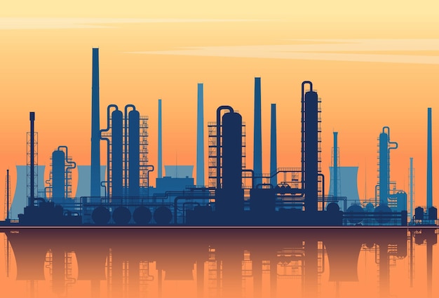Vector oil refinery or chemical plant silhouette on sunset background. vector illustration.