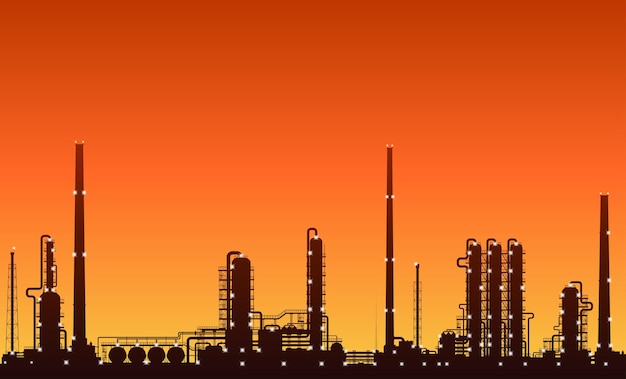 oil refinery or chemical plant silhouette with night lights on at sunset. detailed vector illustration.