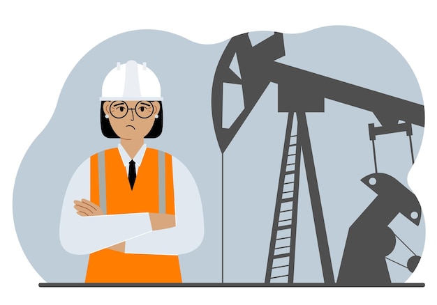 정유 엔지니어 석유 추출 석유 시추 및 잘 수리를 위한 펌핑 장치 앞의 여성 노동자 벡터 평면 그림