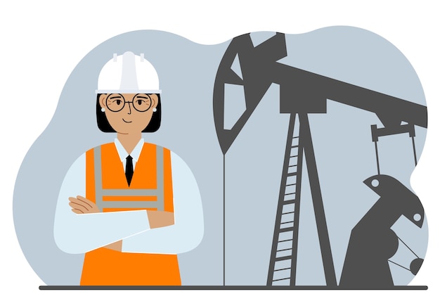 Oil refinery engineer A female worker in front of a pumping unit for oil extraction oil drilling and well repair Vector flat illustration