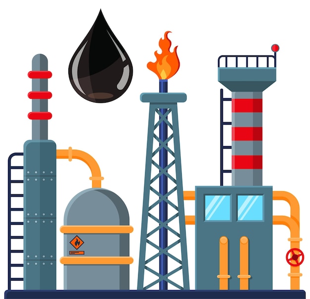 Вектор Концепция плоских икон нефтеперерабатывающего завода с каплей нефти и векторной иллюстрацией круга