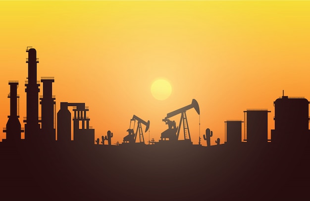 Vector oil rig industry silhouettes background,  illustration.