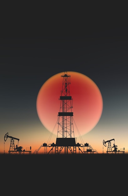 Oil rig at sunset Vector illustration of an oil production landscape with an oil rig and pumps