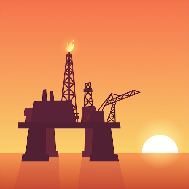 Vector oil rig on sunset