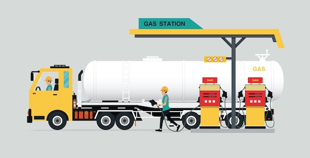 Нефтяные станции с грузовиками на сером фоне