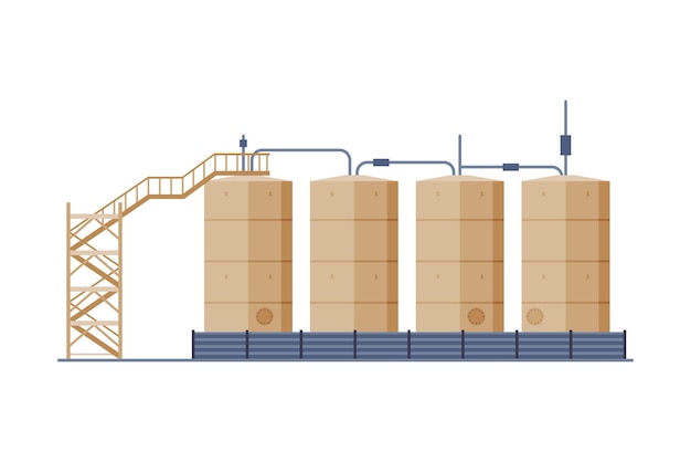 Vector oil tanks with ladder benzine fuel cylinders storage reservoirs gasoline and petroleum production industry flat style vector illustration