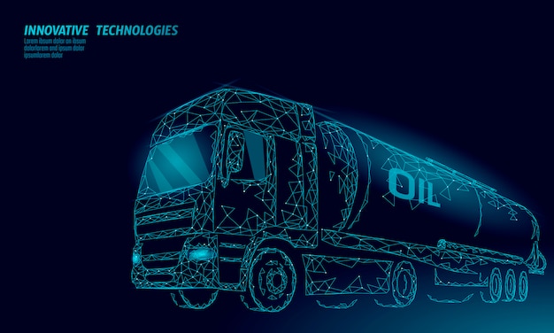 La cisterna 3d della strada principale del camion dell'olio rende basso poli. carro armato diesel dell'industria finanziaria di petrolio del combustibile. linea poligonale illustrazione di vettore di affari economici logistici della benzina del grande carico del veicolo del cilindro