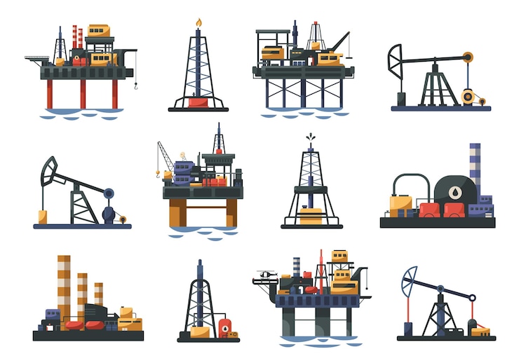 Vector oil well and rig petroleum industry oil pump tower and derrick drilling for crude oil extraction and transportation of fuel and gas vector cartoon set