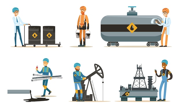 Vector oil workers in a bathrobe and uniform set of vector illustrations