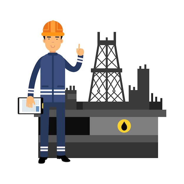 Нефтяник в синей форме, стоящий рядом с буровой платформой нефтяной вышки, показывает жест рукой с поднятым указательным пальцем на белом фоне.