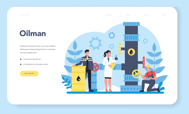 Oilman and petroleum industry web landing page. pump jack extracting crude oil from the bowels of the earth. oil production and business. isolated flat vector illustration