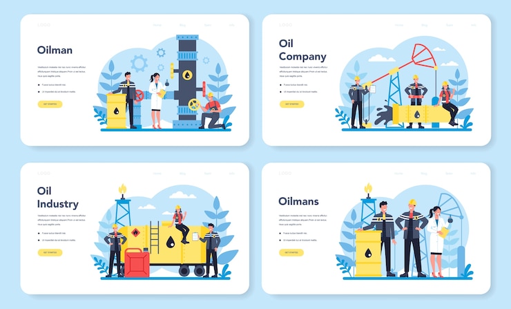 Vector oilman and petroleum industry web landing page set. pump jack extracting crude oil from the bowels of the earth. oil production and business. isolated flat vector illustration