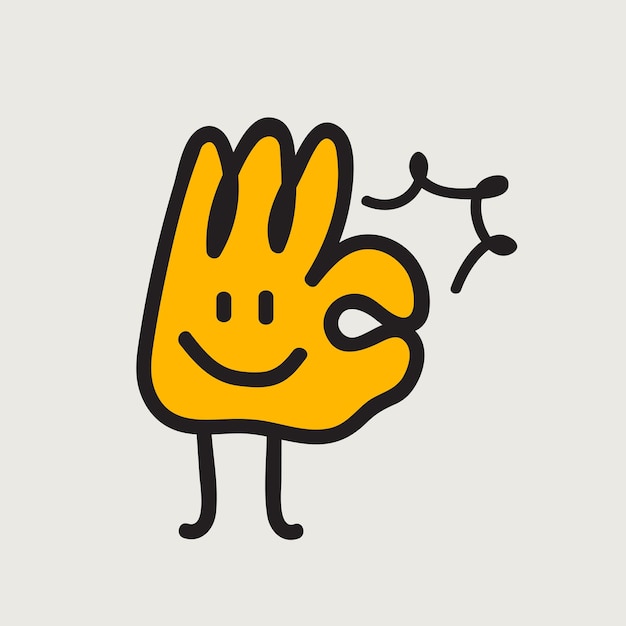Ok gesto della mano disegnato a mano divertente personaggio scarabocchio in colore giallo isolato su sfondo bianco