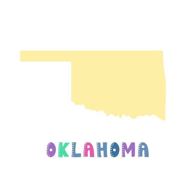 Oklahoma kaart geïsoleerd. VS collectie. Kaart van Oklahoma - geel silhouet. Doodle stijl belettering op wit