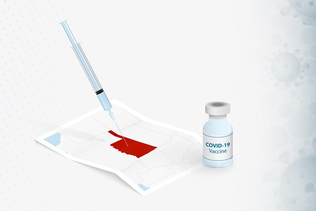 Vector oklahoma vaccination, injection with covid-19 vaccine in map of oklahoma.